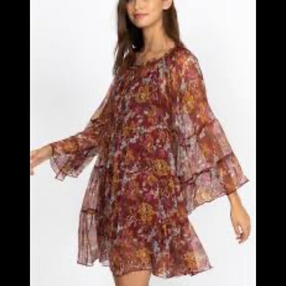 Johnny Was Clay Orange Silk Daisy Flare Sleeve Tassel Oversized Medium Dress - Picture 3 of 11